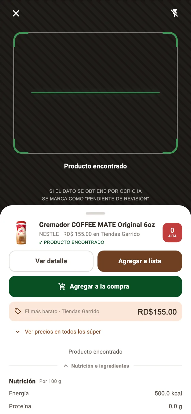 Escáner de código de barras mostrando el producto encontrado y su precio más barato